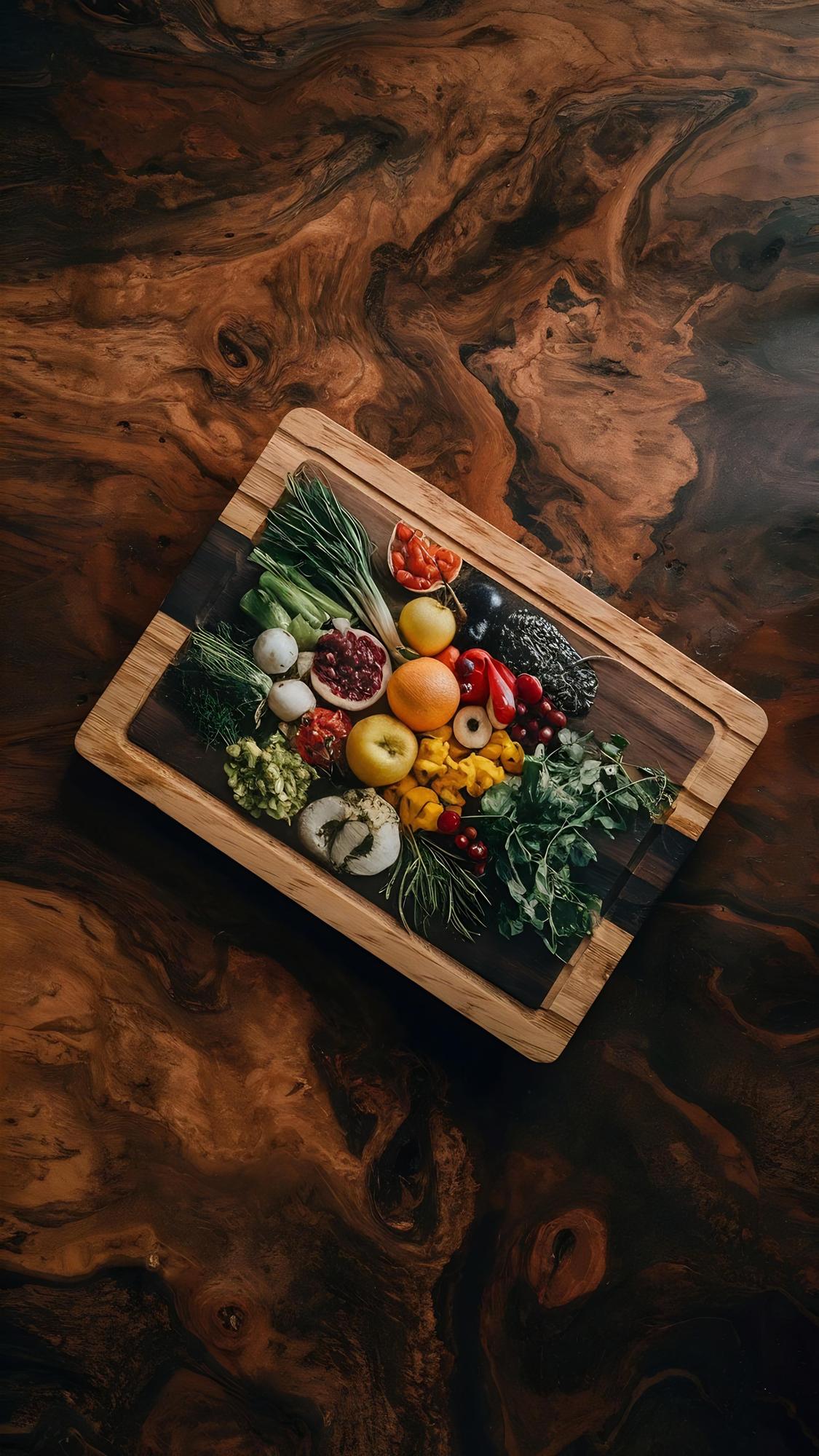 Seasonal produce arranged on wooden board
