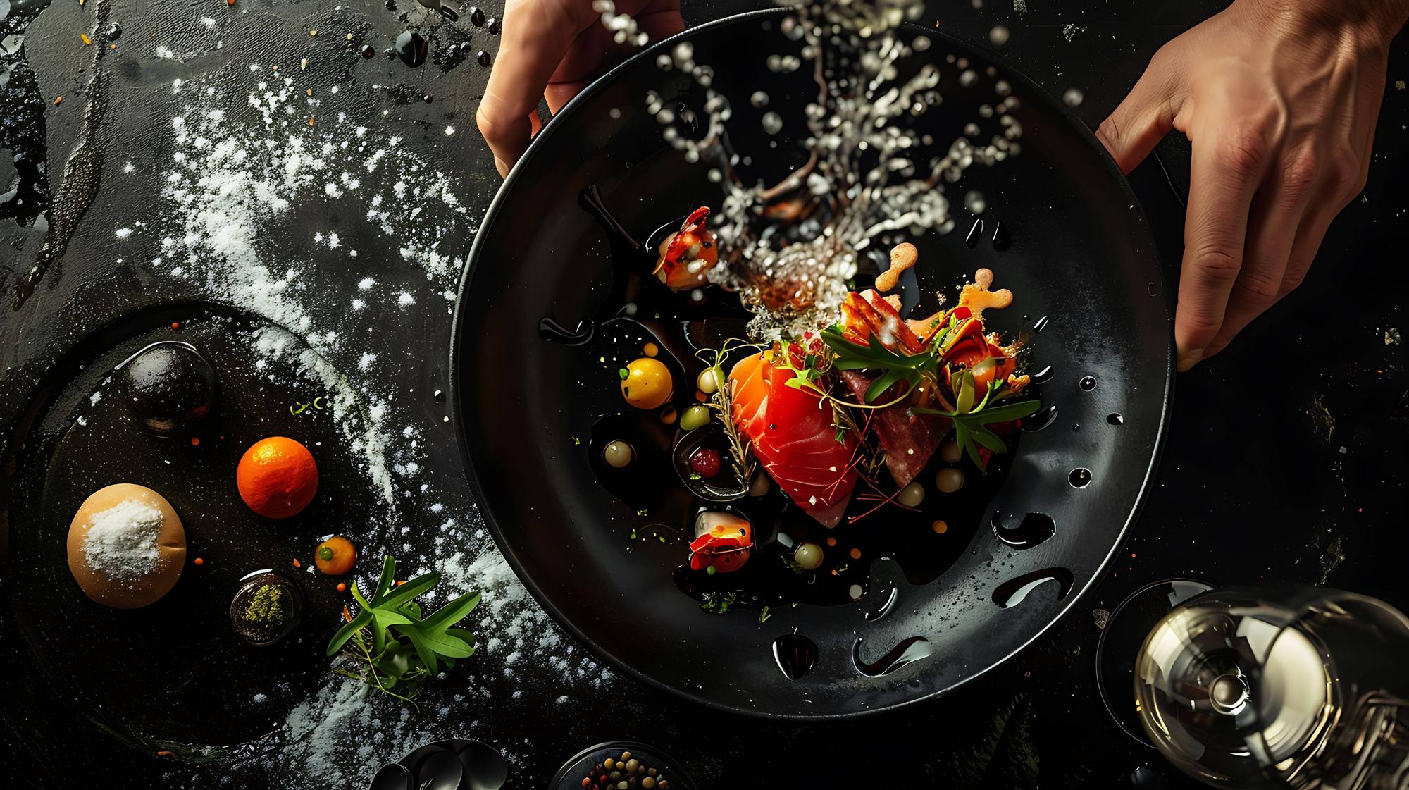 Chef plating a composed dish on dark table
